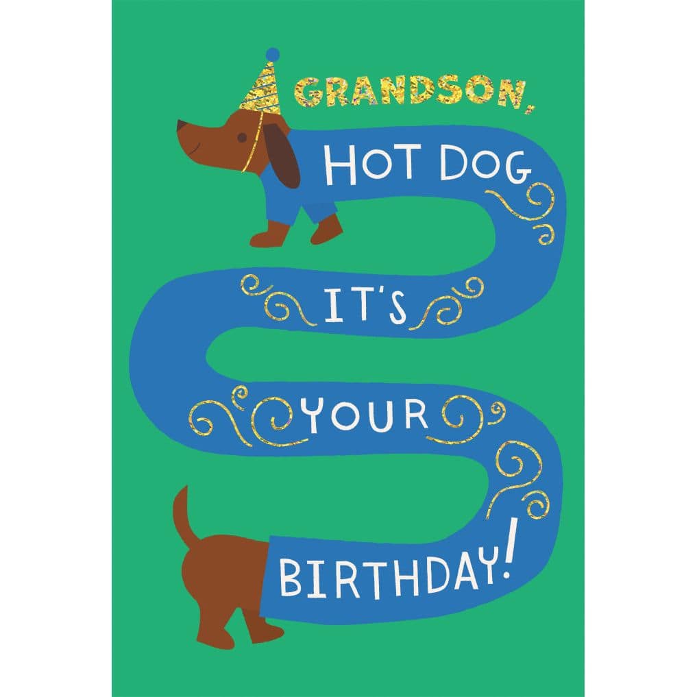 Pictura Hot Dog Birthday Grandson Card featuring a colorful illustration of a hot dog and birthday celebration elements.
